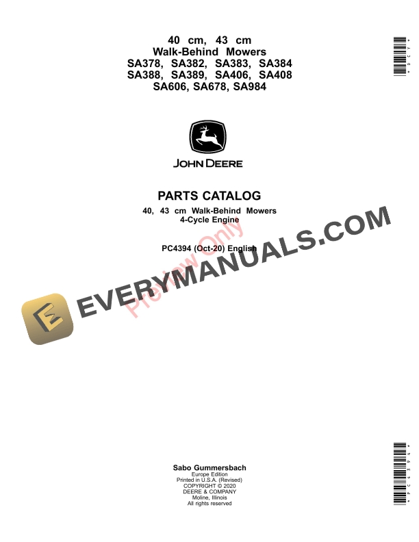 John Deere 40 cm, 43 cm Walk Behind Mowers24 Parts Catalog PC4394 14OCT20