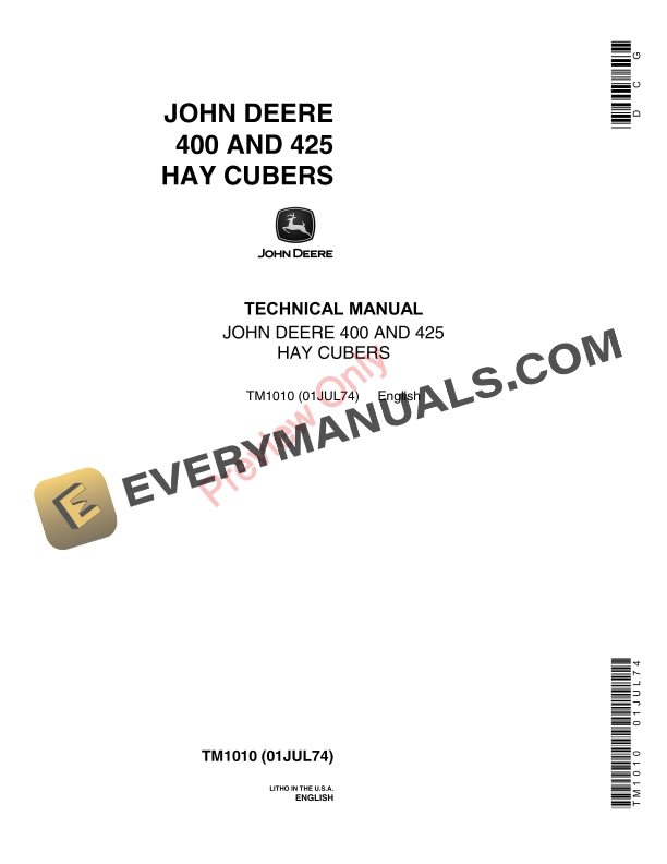 John Deere 400, 425 Hay Cuber Technical Manual TM1010 01JUL74
