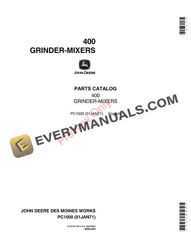 John Deere 400 Grinder Mixers Parts Catalog PC1000 01JAN71 1