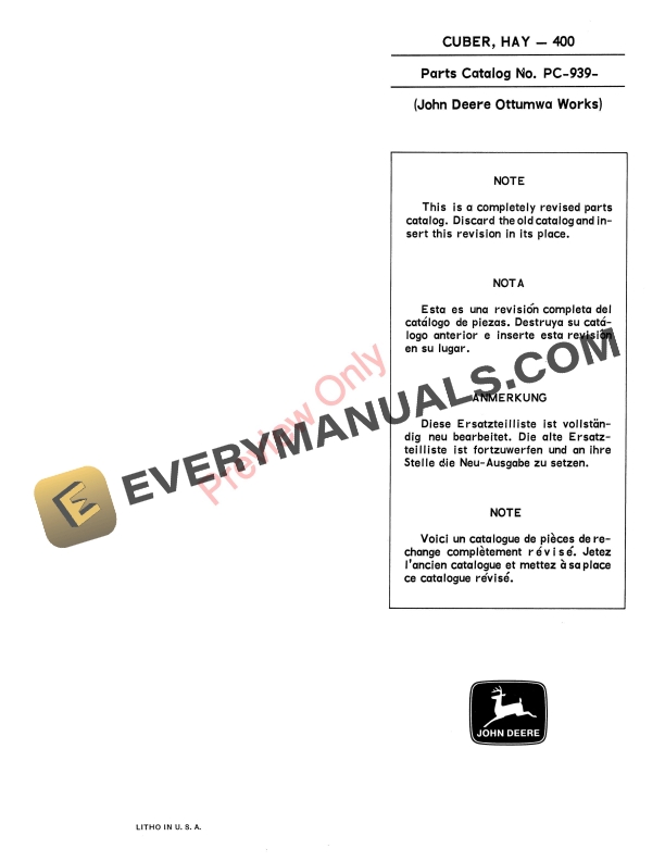 John Deere 400 Hay Cuber Parts Catalog PC939 01NOV68