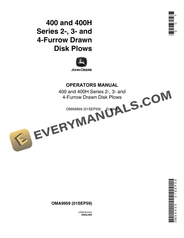 John Deere 400 and 400H Series 2, 3, 4 Furrow Drawn Disk Plow Operator Manual OMA9959
