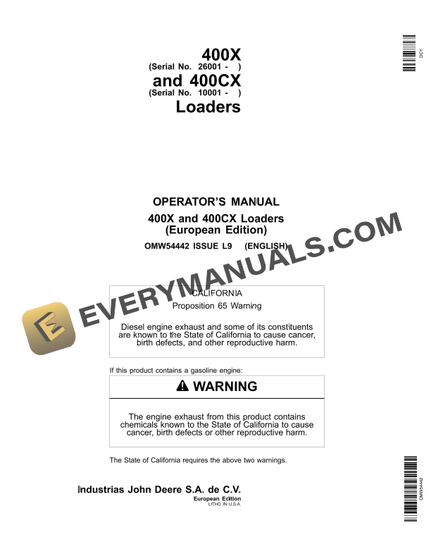 John Deere 400X and 400CX Loader Operator Manual OMW54442 1