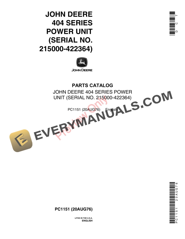 John Deere 404 Series Power Unit 215000 422364 Parts Catalog PC1151 20AUG76 1