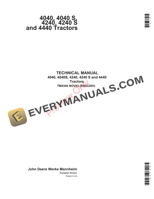 John Deere 4040 4040S 4240 4240S 4440 Tractors Technical Manual TM4346 01NOV83 1