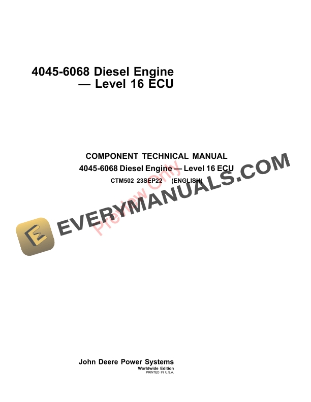 John Deere 4045 6068 Diesel Engine Level 16 ECU Component Technical Manual CTM502 23OCT23 1