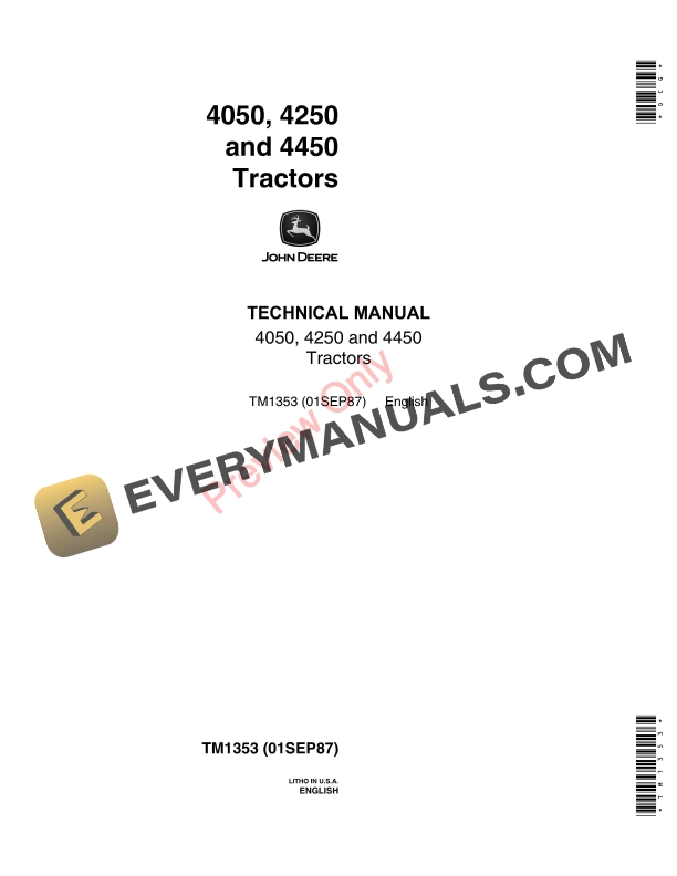John Deere 4050, 4250, 4450 Tractors Technical Manual TM1353 01SEP87 PDF
