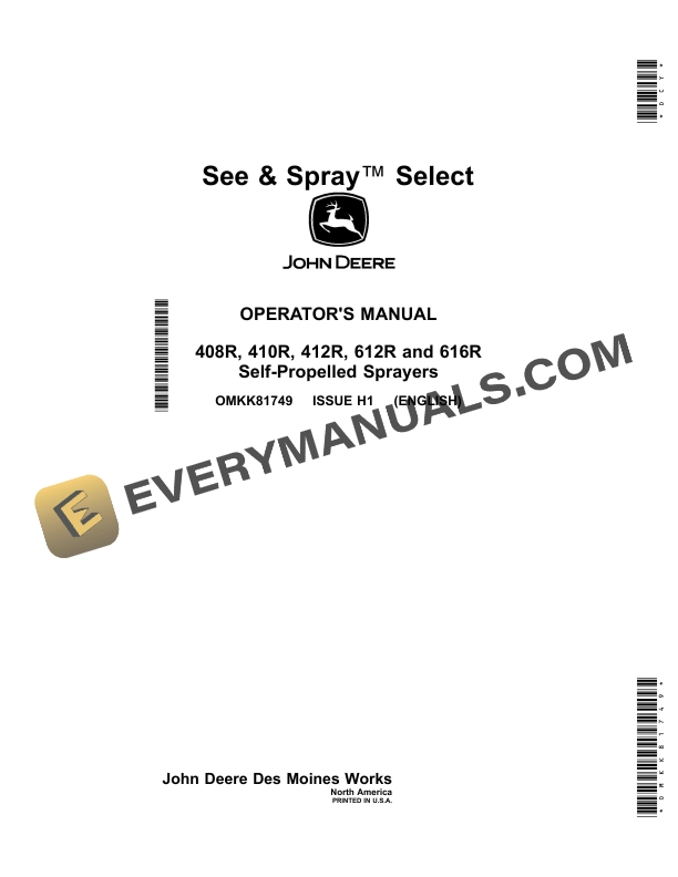 John Deere 408R, 410R, 412R, 612R, 616R Self-Propelled Sprayer Operator Manual OMKK81749