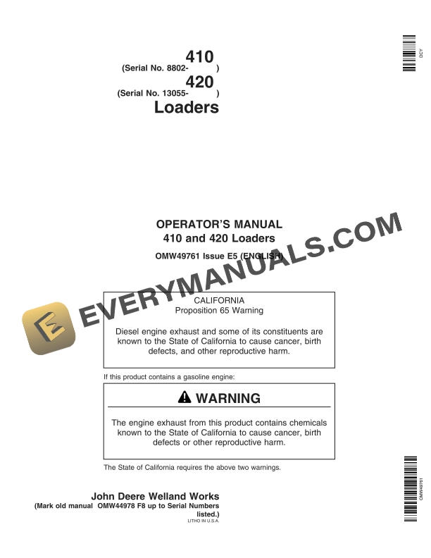 John Deere 410 and 420 Loader Operator Manual OMW49761 1