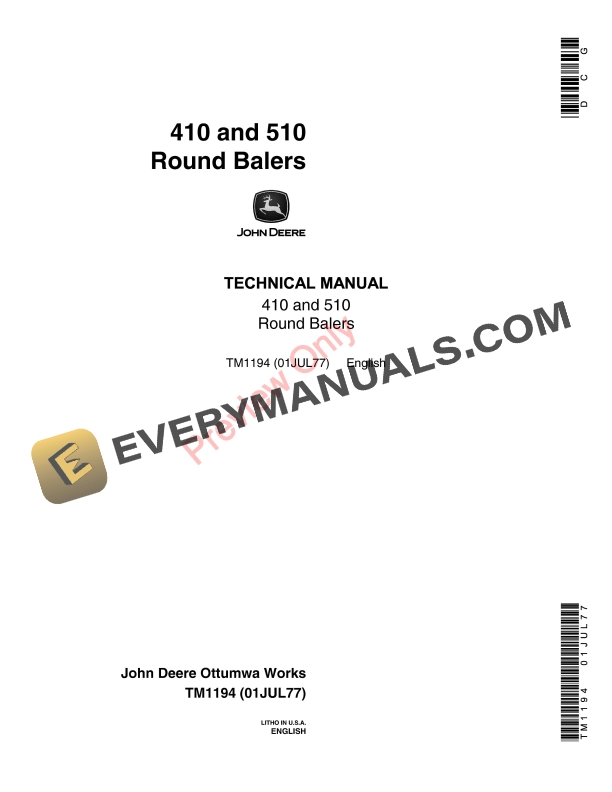 John Deere 410 and 510 Round Balers Technical Manual TM1194 01JUL77 1