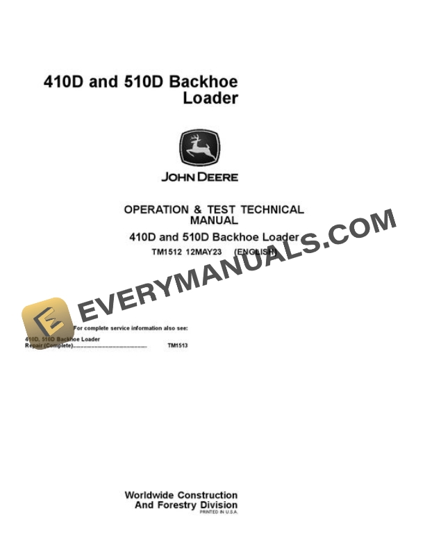 John Deere 410D 510D Backhoe Loader Test Manual TM1512