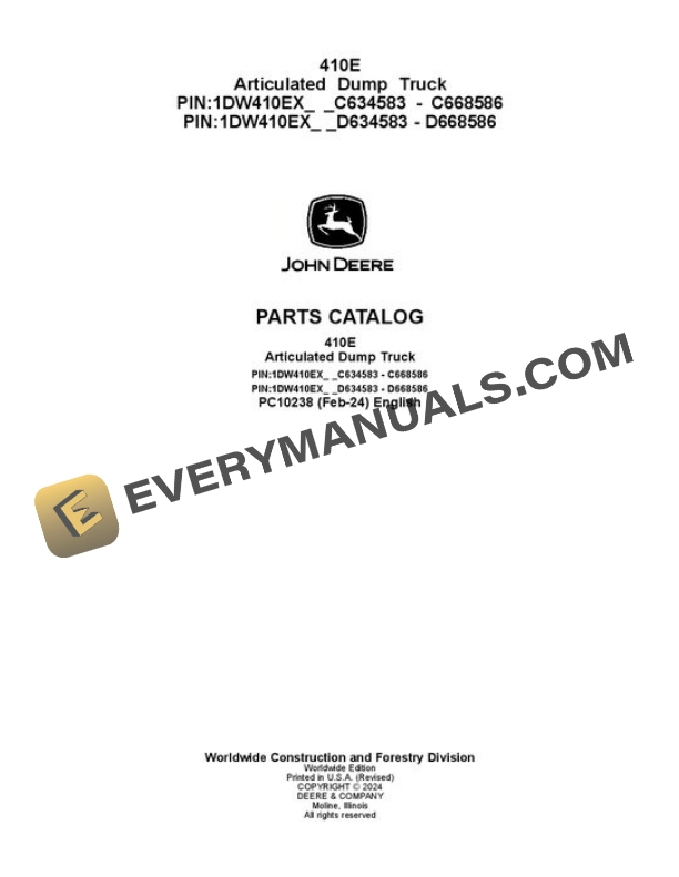 John Deere 410E Articulated Dump Truck Parts Catalog PC10238