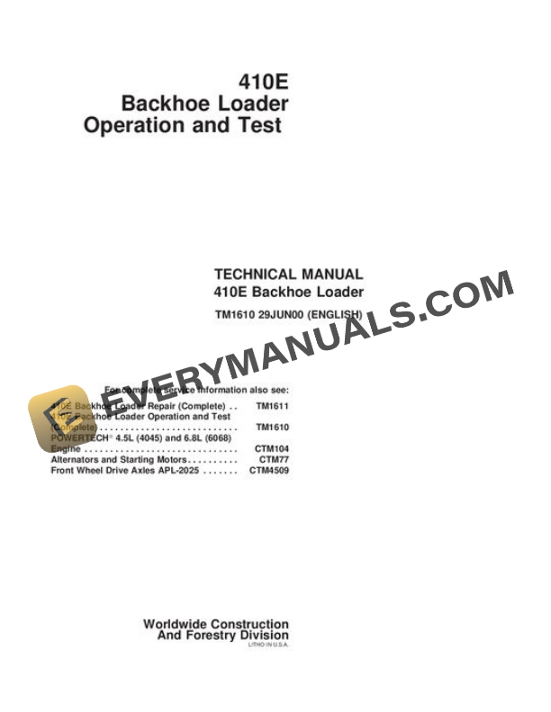John Deere 410E Backhoe Test Manual TM1610