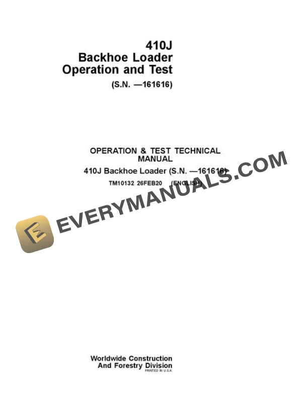 John Deere 410J Backhoe Loader Test Manual TM10132