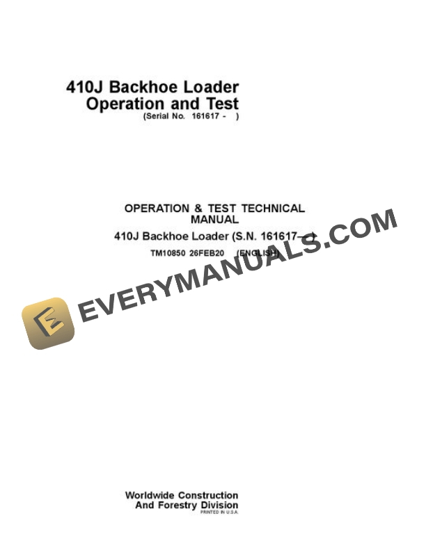 John Deere 410J Backhoe Loader Test Manual TM10850