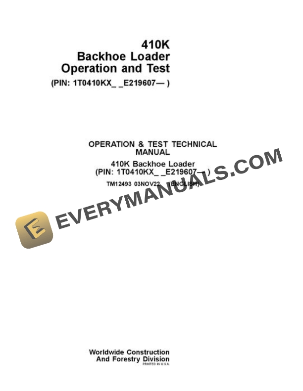 John Deere 410K Backhoe Loader Test Manual TM12493