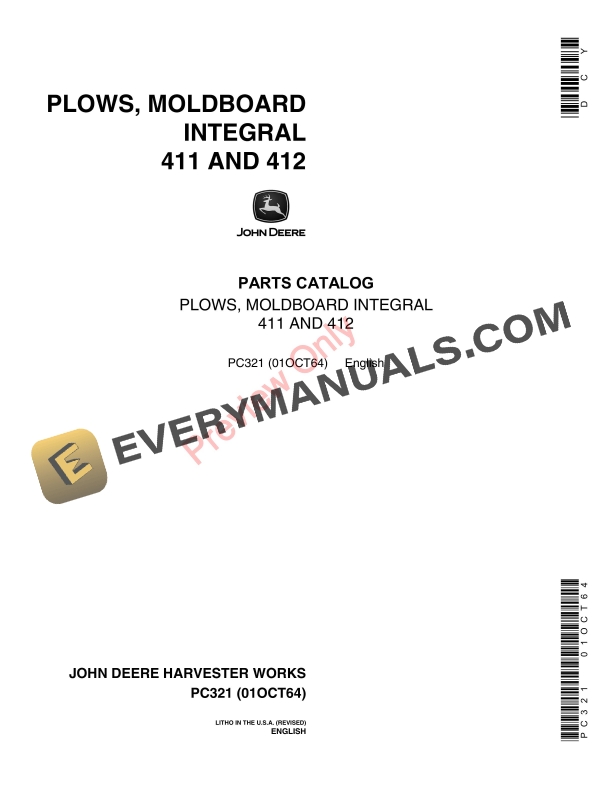 John Deere 411 412 Integral Moldboard Plow Parts Catalog PC321 01OCT64 1