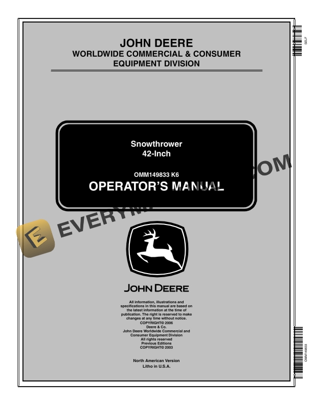 John Deere 42 Inch Snowthrower Operator Manual OMM149833 1