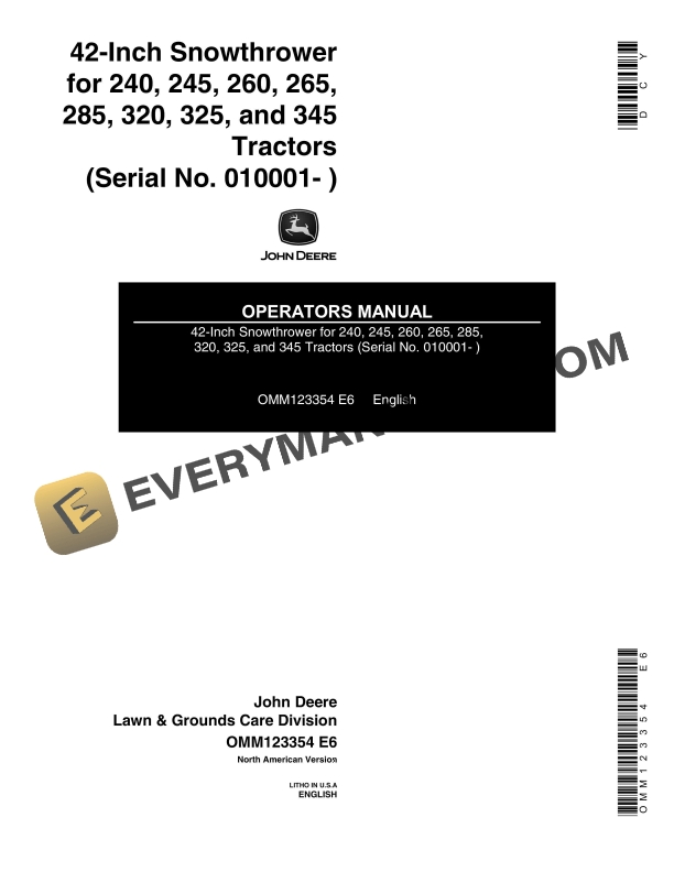 John Deere 42-Inch Snowthrower For 240, 245, 260, 265, 285, 320, 325, 345 Tractor Operator Manual OMM123354