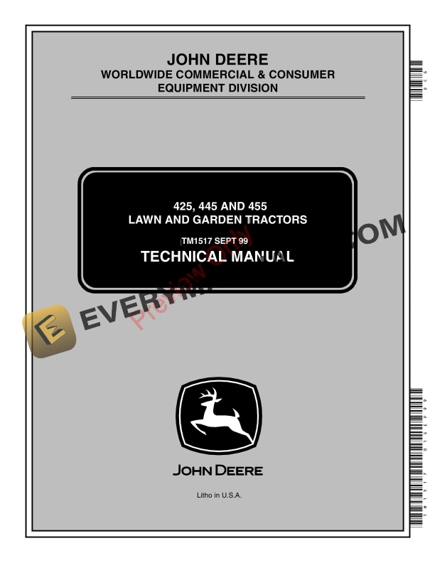 John Deere 425, 445 and 455 Lawn and Garden Tractors Technical Manual TM1517 28SEP99 PDF