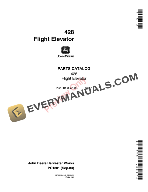 John Deere 428 Flight Elevator Parts Catalog PC1301 01SEP83