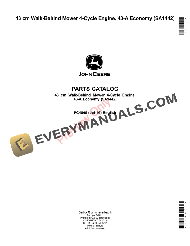 John Deere 43 cm Walk-Behind Mower 4-Cycle Engine, 43 Parts Catalog PC4865 29NOV16