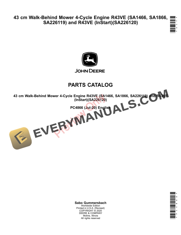 John Deere 43 cm Walk-Behind Mower 4-Cycle Engine R43VE (SA1466, SA1866, SA226119) and R43VE (InStart)(SA226120) Parts Catalog PC4866 21JUL20