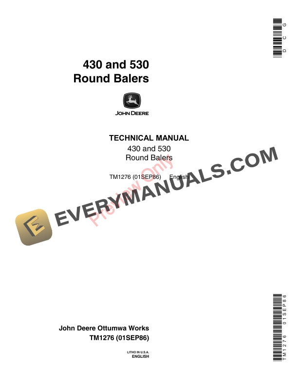 John Deere 430 530 Round Balers Technical Manual TM1276 01SEP86 1