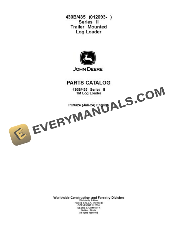 John Deere 430B 435 Knuckleboom Loader Parts Catalog PC9324