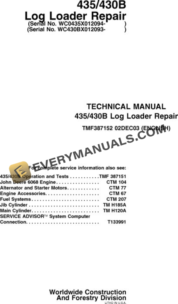 John Deere 430B 435 Knuckleboom Loader Repair Manual TMF387152