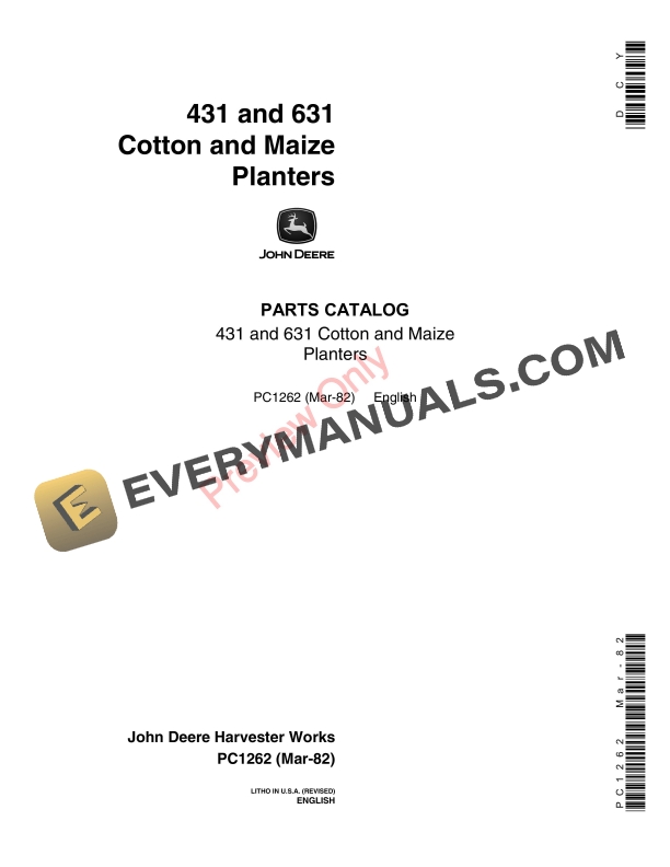 John Deere 431, 631 Cotton and Maize Planters Parts Catalog PC1262 01MAR82