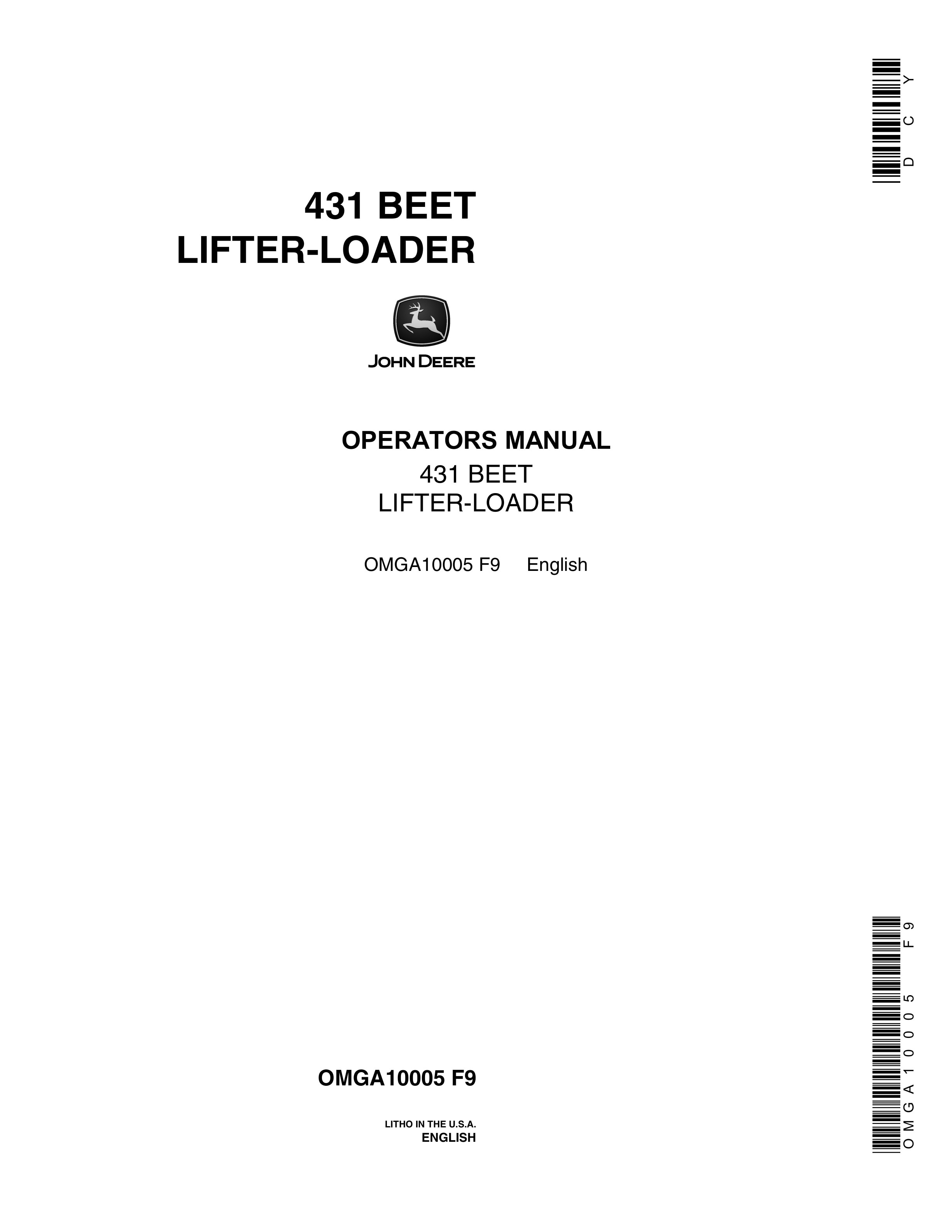 John Deere 431 BEET LIFTER LOADERS Operator Manual OMGA10005 1