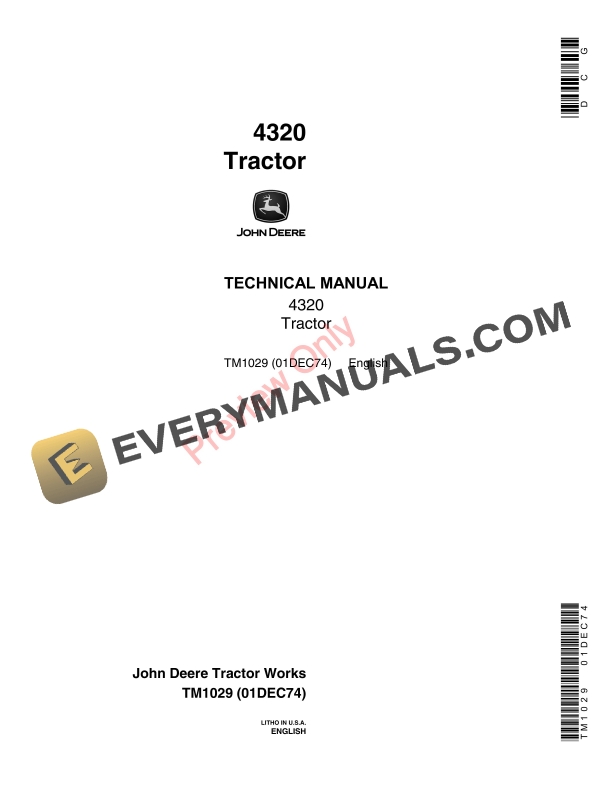 John Deere 4320 Row Crop Tractor Technical Manual TM1029 01DEC74 1
