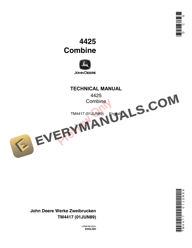 John Deere 4425 Combine Technical Manual TM4417 01JUN89 1