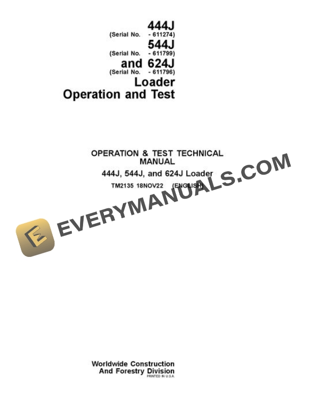 John Deere 444J 544J 624J Loader Test Manual TM2135