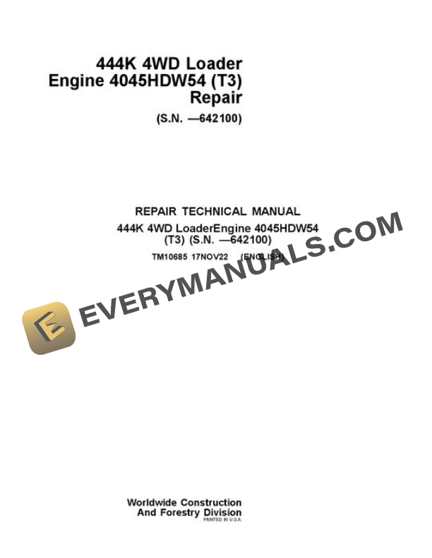 John Deere 444K Loader Test Manual TM10685