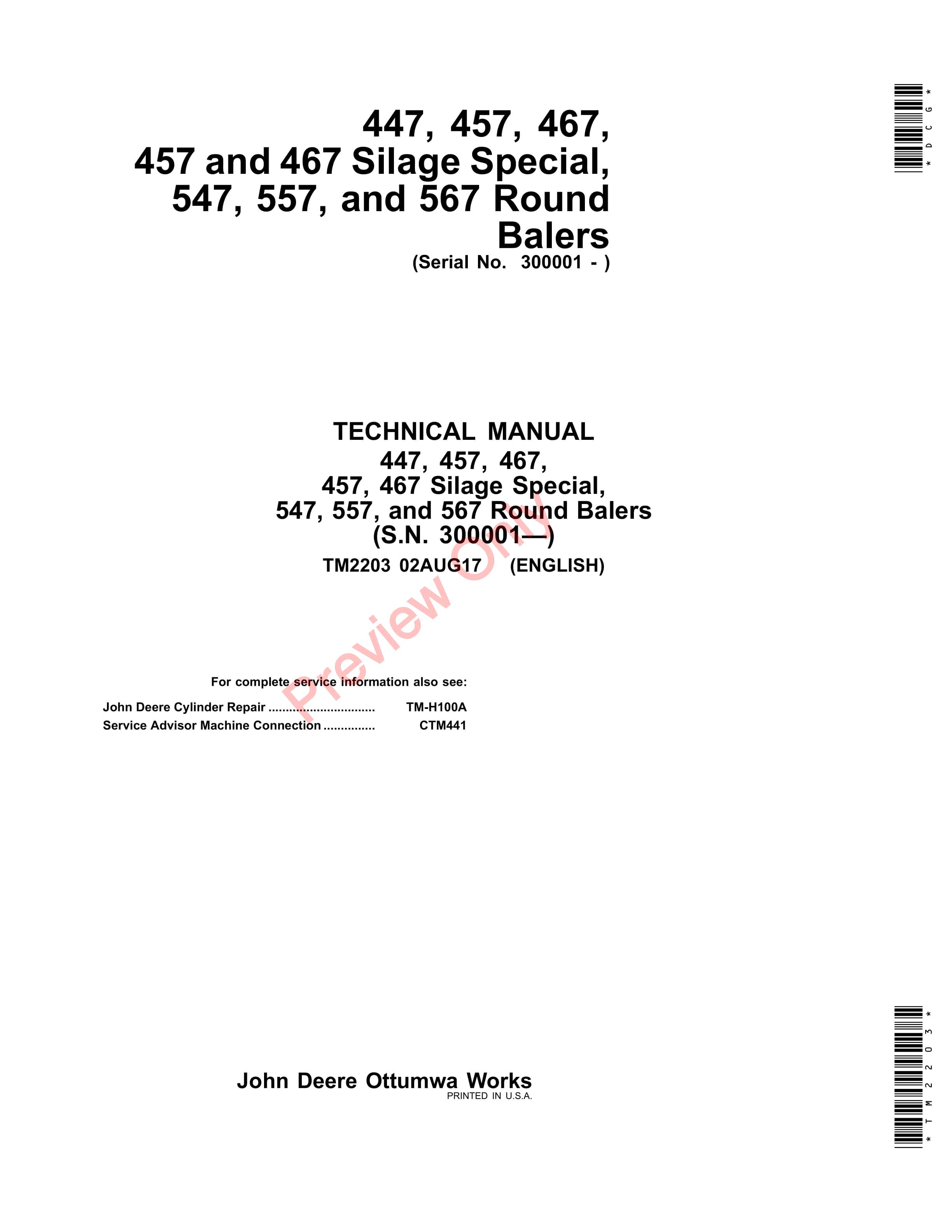 John Deere 447 457 467 457 and 467 Silage Special 547 557 and 567 Round Balers Technical Manual TM2203 02AUG17 PDF