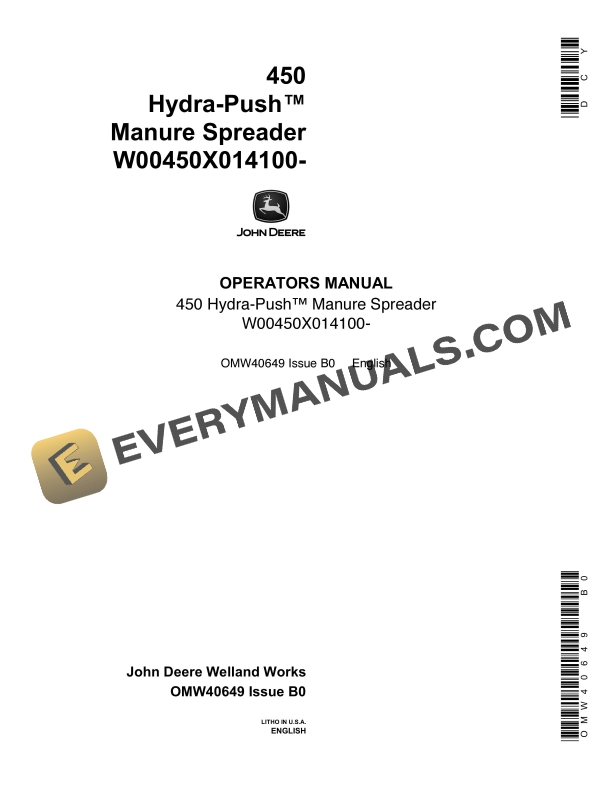 John Deere 450 Hydra-Push Manure Spreader Operator Manual OMW40649