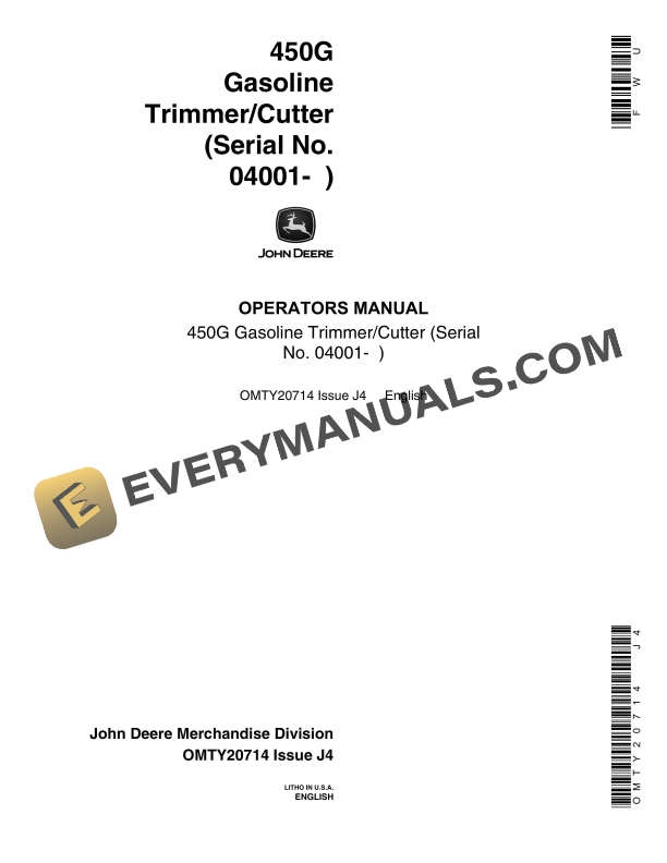 John Deere 450G Gasoline Trimmer Cutter Operator Manual OMTY20714