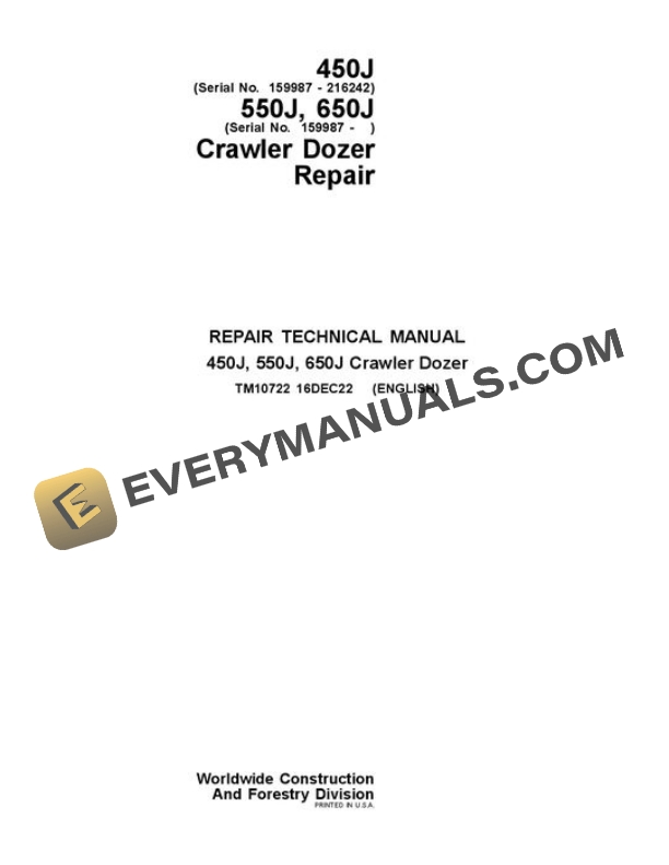 John Deere 450J 550J 650J Crawler Dozer Repair Manual TM10722