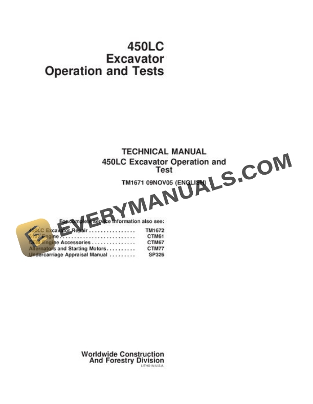John Deere 450LC Excavator Test Manual TM1671