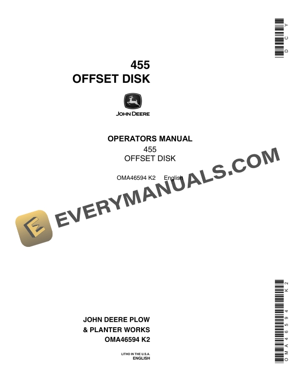John Deere 455 OFFSET DISK Operator Manual OMA46594 1