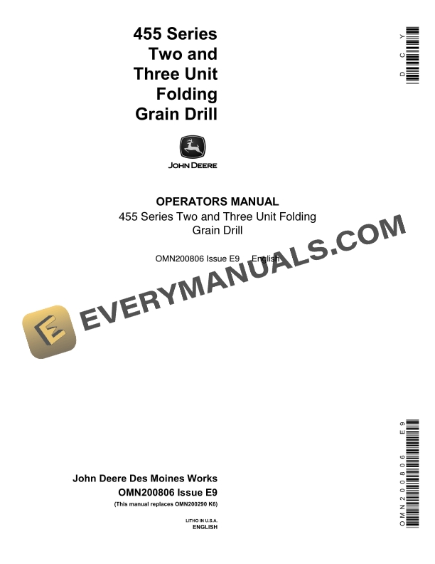 John Deere 455 Series Two and Three Unit Folding Grain Drill Operator Manual OMN200806 1