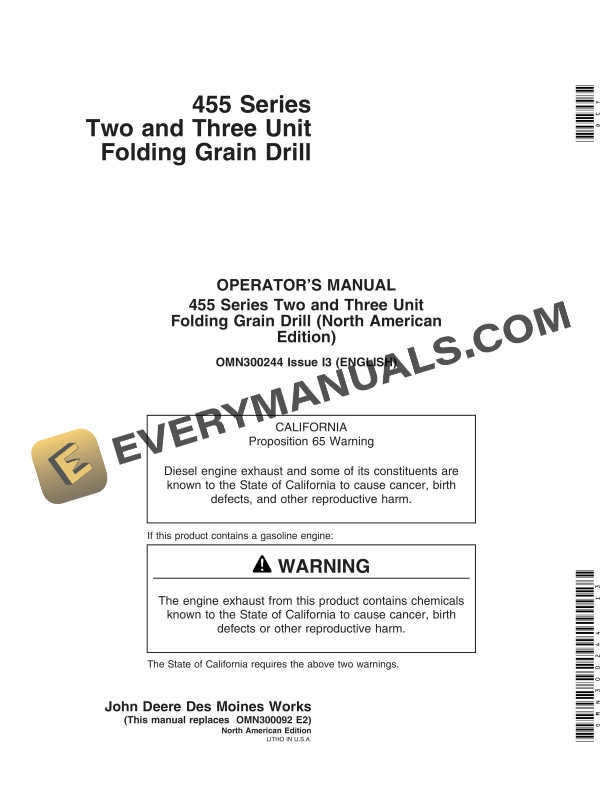 John Deere 455 Series Two and Three Unit Folding Grain Drill Operator Manual OMN300244 1