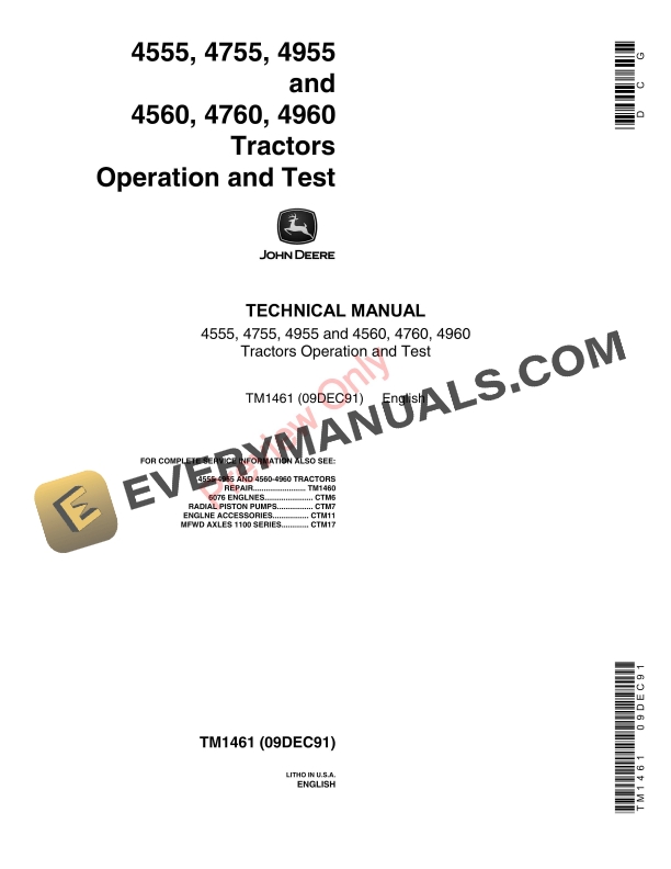 John Deere 4555 4755 4955 4560 4760 and 4960 Tractors Operation and Test Technical Manual TM1461 09DEC91 PDF