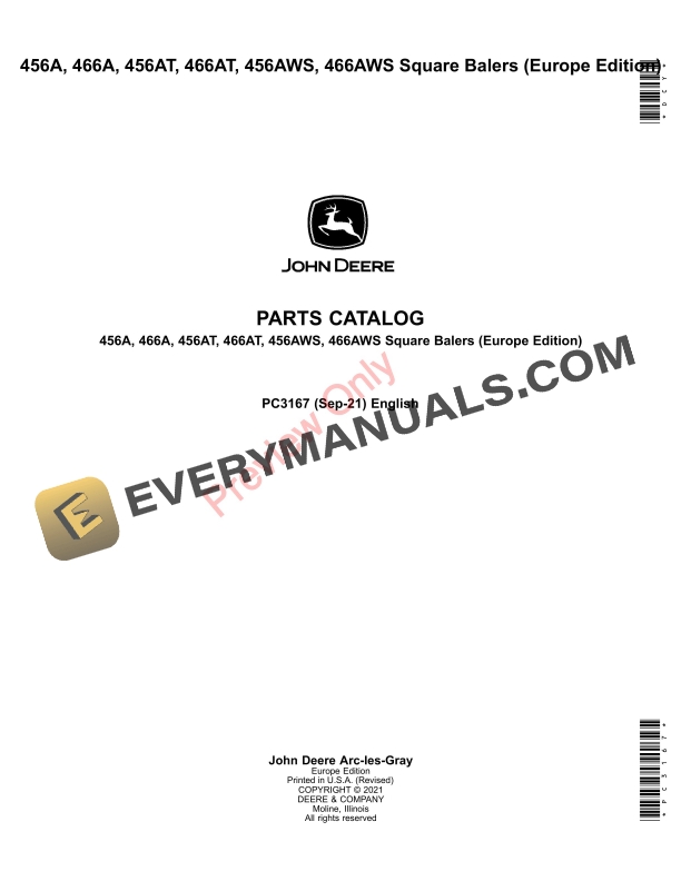 John Deere 456A, 466A, 456AT, 466AT, 456AWS, 466AWS Square Balers Parts Catalog PC3167 20SEP21
