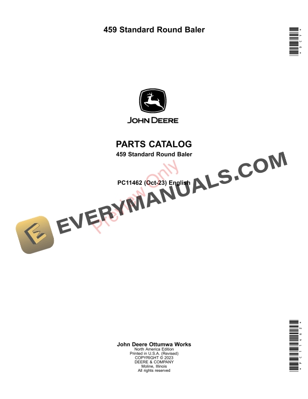 John Deere 459 Standard Round Baler Parts Catalog PC11462 26OCT23