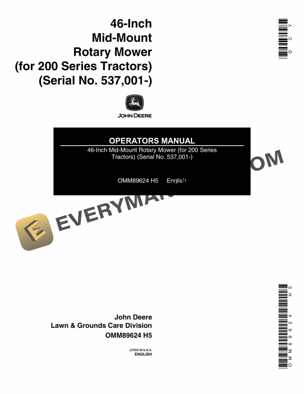 John Deere 46-Inch Mid-Mount Rotary Mower Operator Manual OMM89624