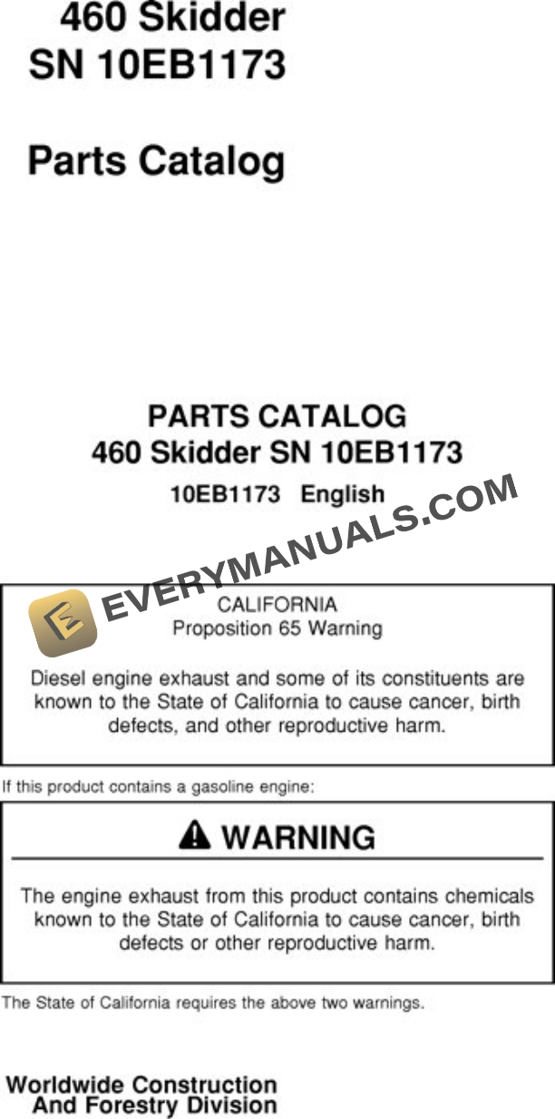 John Deere 460 Skidder Parts Catalog 10EB1173