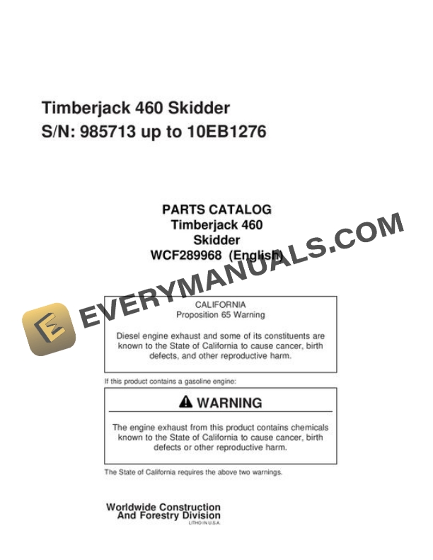 John Deere 460 Skidder Parts Catalog WCF289968