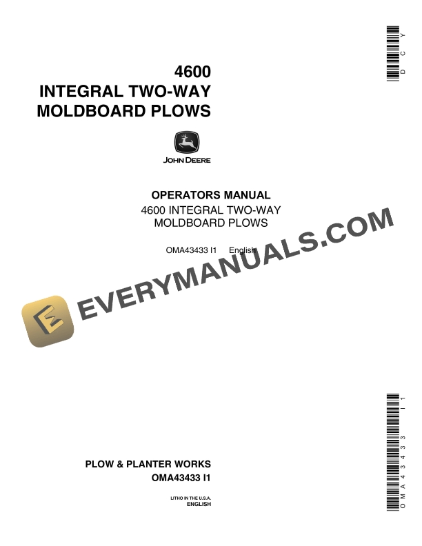 John Deere 4600 INTEGRAL TWO WAY MOLDBOARD PLOW Operator Manual OMA43433 1